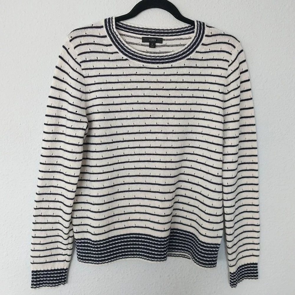 J. Crew Navy & Ivory Stripe Crewneck Pointelle Knit Wool/Alpaca Blend Sweater